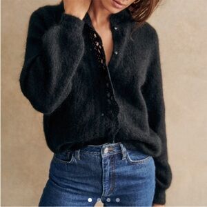 Sezane Black V-Neck Fuzzy Knit Sweater